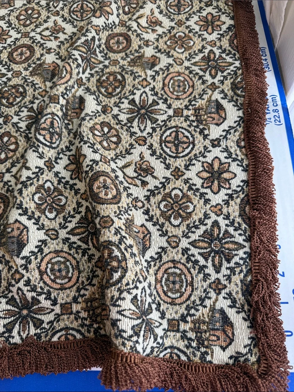 Vintage Folk Art Jacquard Woven Throw Lap Blanket Barn Floral Fringe 50x40